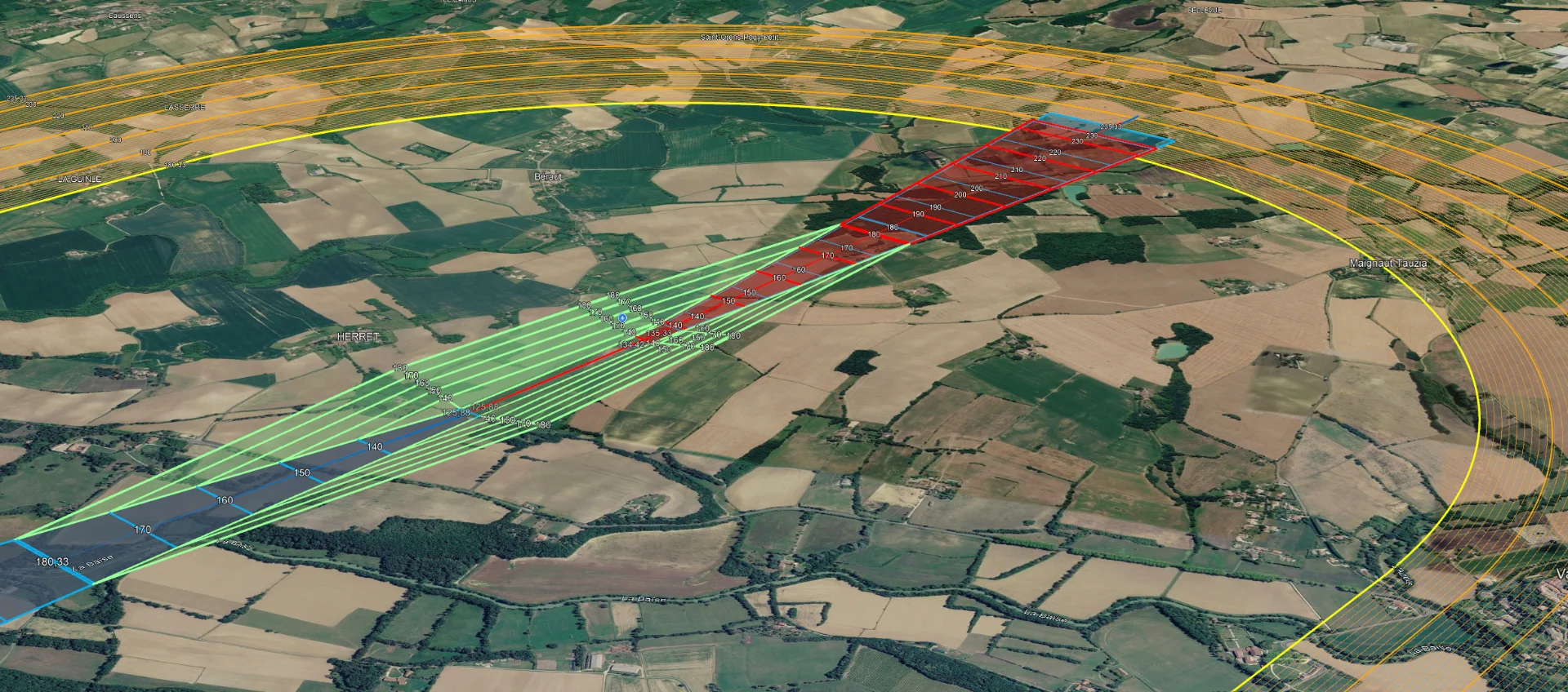 Vue 3D des surfaces OLS projetées sur le terrain réel autour de l'aérodrome LFID (La Baïse, Béraut, Maignaut-Tauzia)